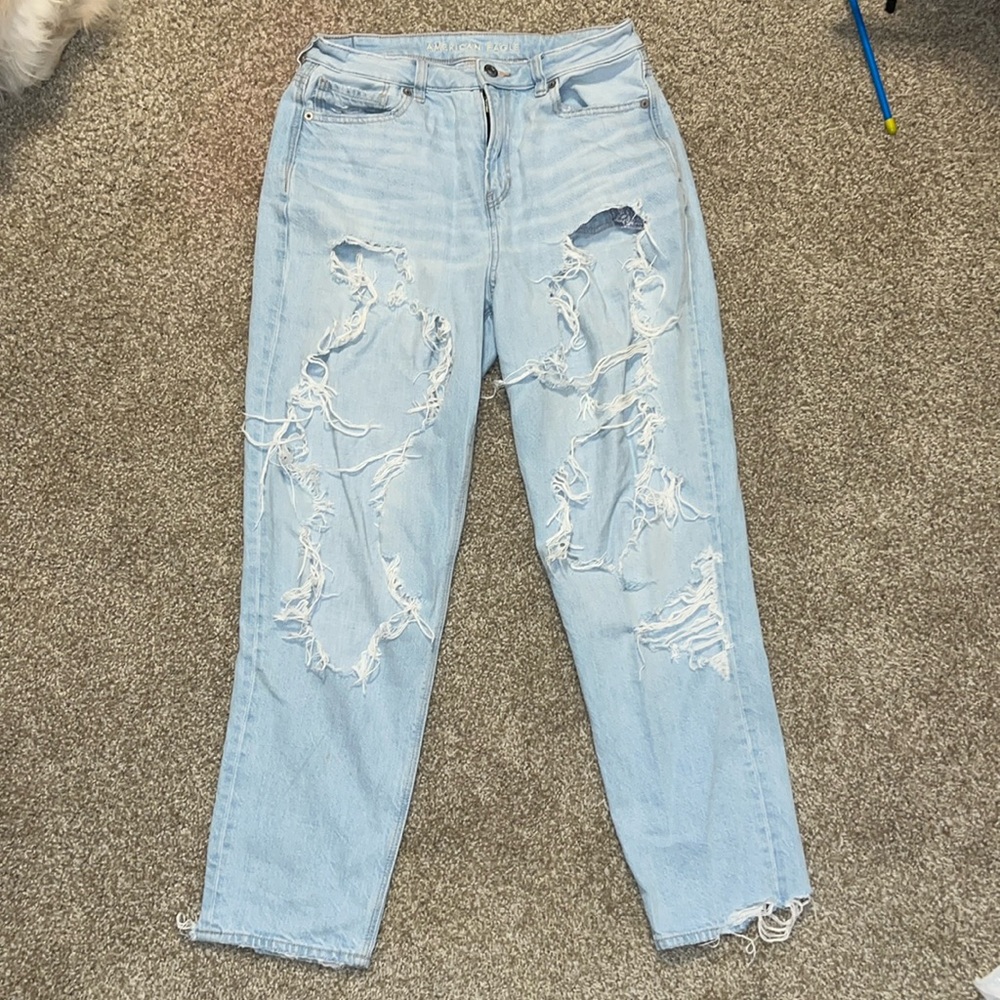 American Eagle Blue denim High Rise Ripped Mom Jeans